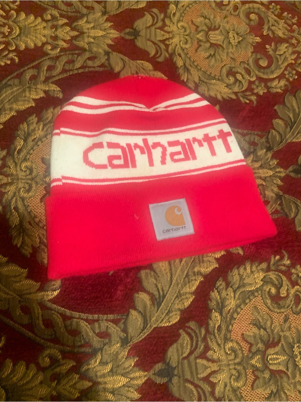 Carhartt Kids Red & White Striped Logo Beanie